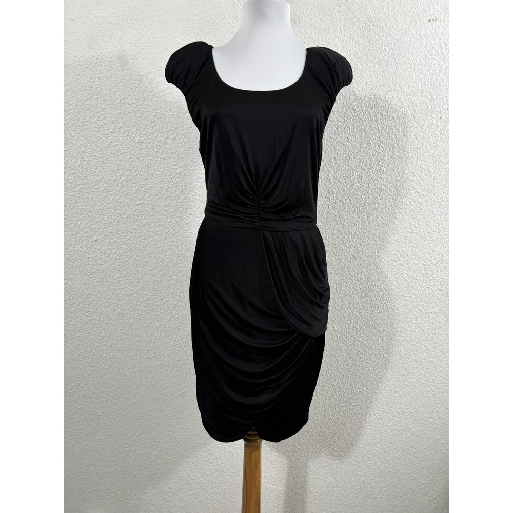 Black Halo Dress Womens Medium‎ Black Ruched Draped Cap Sleeve Party Made in USA